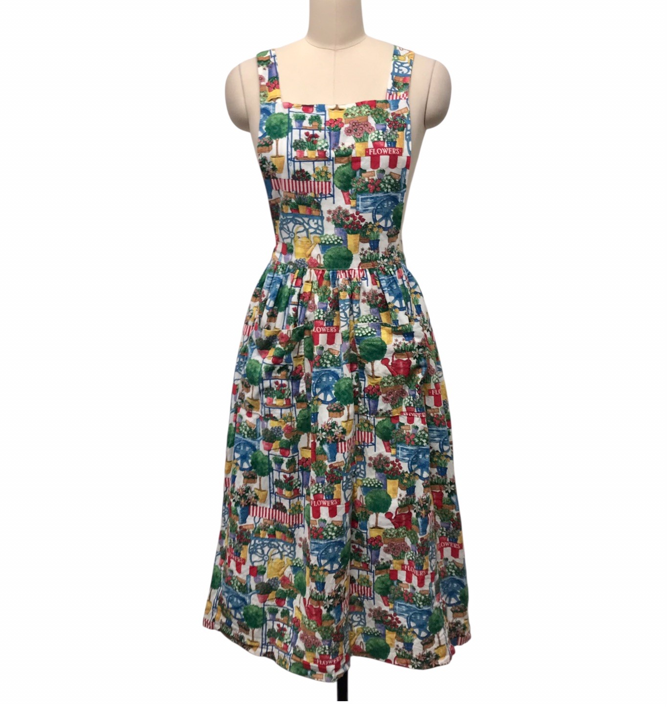 VTG Apron Dress Pinafore Mid Length Flower Garden Plants Pockets READ Sz L