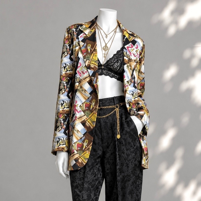 Vintage 90s Nicole Miller Silk Blazer M Rare Corona Postcard Print Jacket