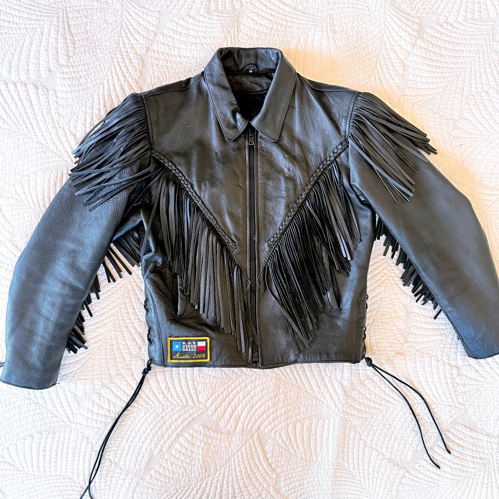 Vintage Women’s Harley Davidson Black Fringe Laceup Leather Biker Jacket Size M