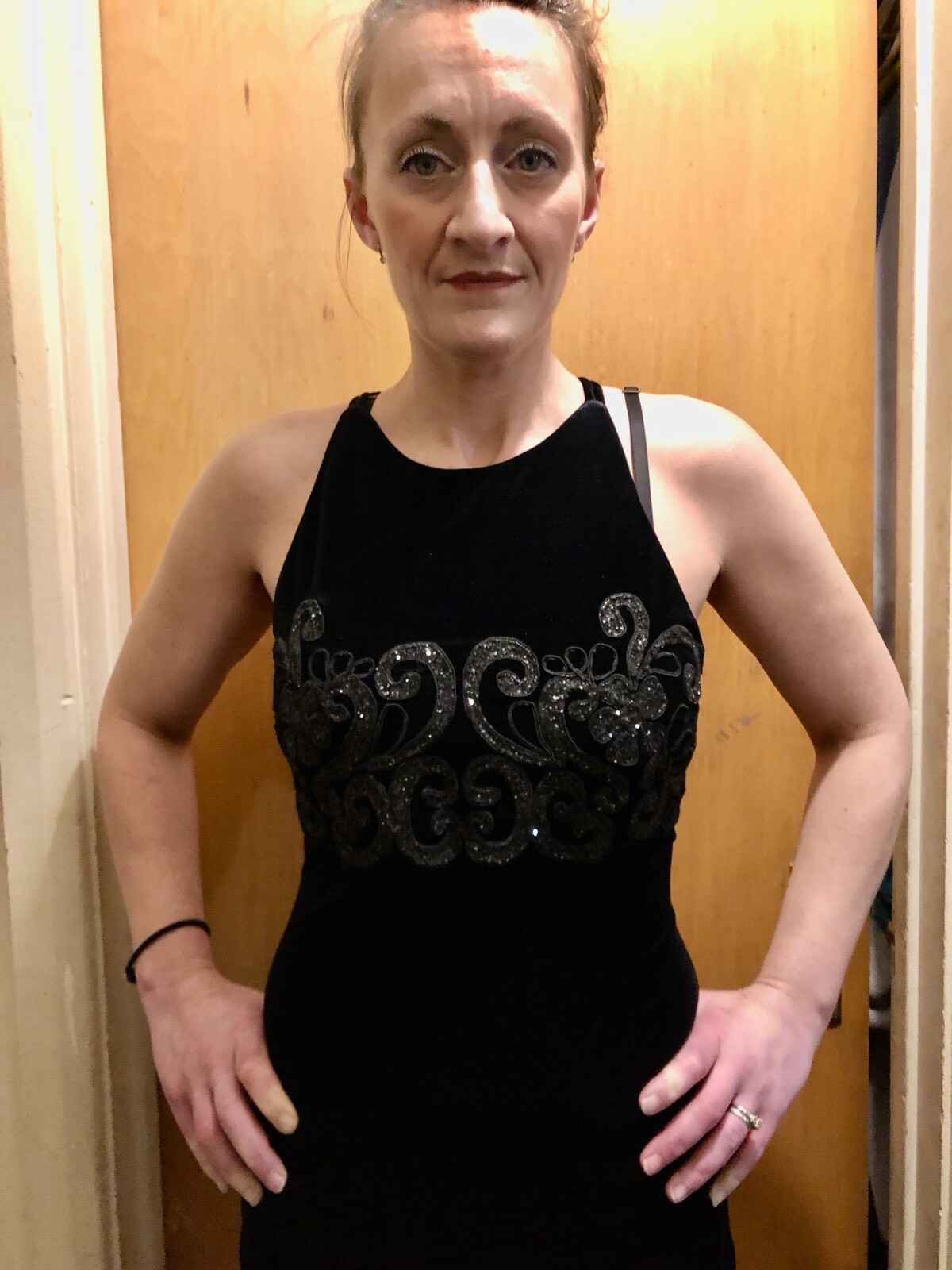 Sz 7/8 Vintage Y2K 1990s Style Maurice’s Black Velvet Halter Dress w Glitter