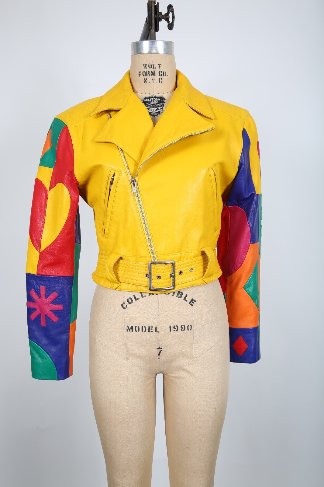 North Beach Leather Yellow Multi Color Patchwork Leather Jacket 80s 90s