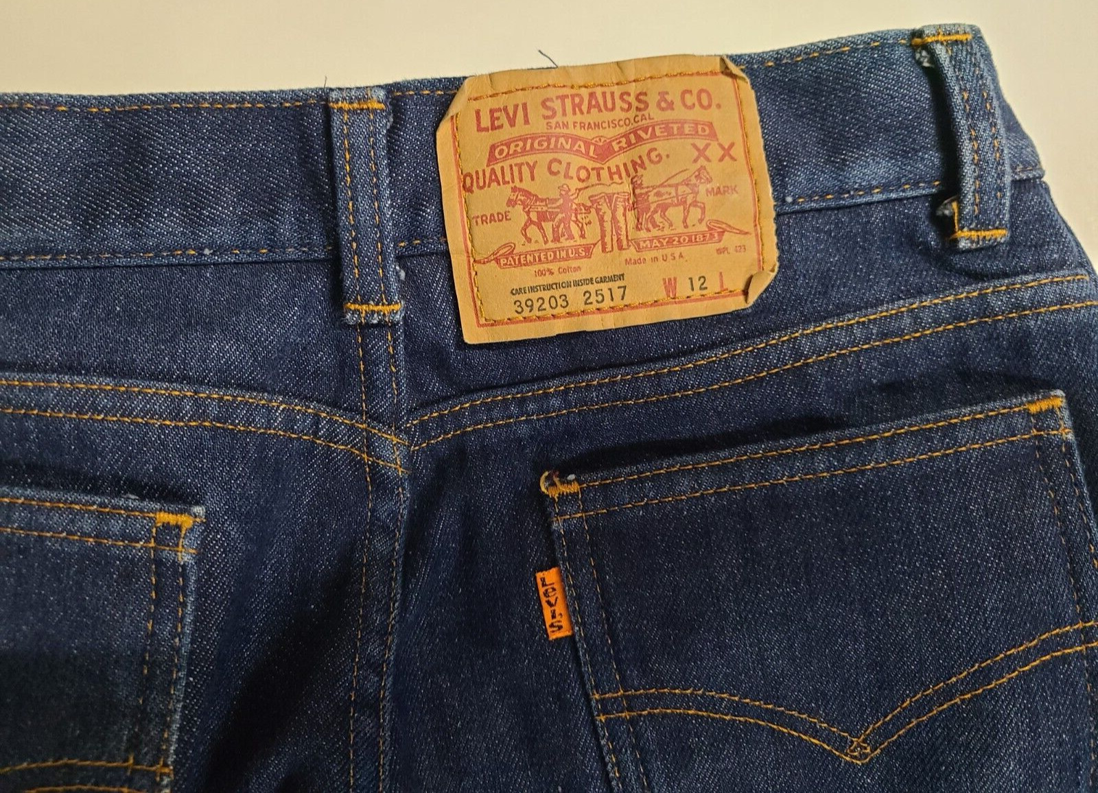 USA Vtg Womens Red Flannel Lined Levis 2517 Denim Blue Jeans Orange Tab Medium