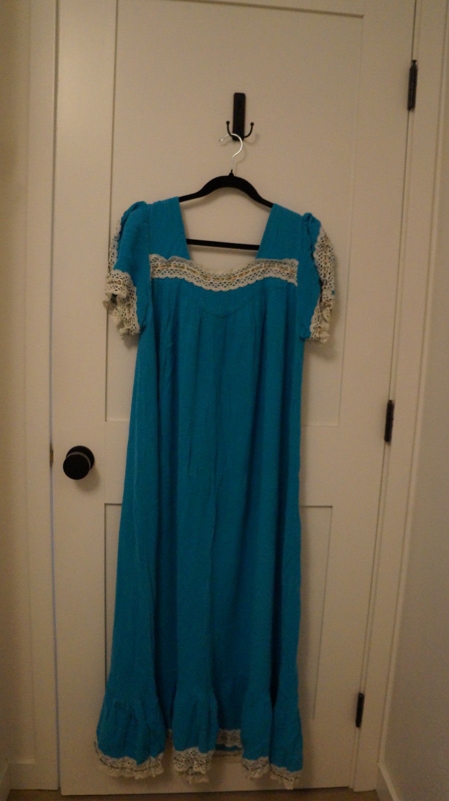 Vintage 70s Teal Blue Maxi Dress Nightgown Smocked Embroidered Handmade #070