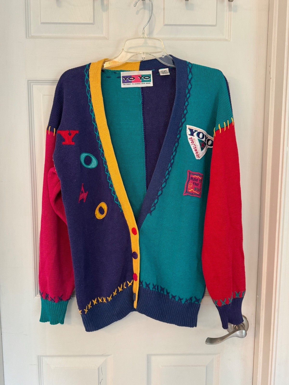 Vintage YOYO Colorblock Knit Cardigan Sweater Patch Primary ABC 90s 80s Small