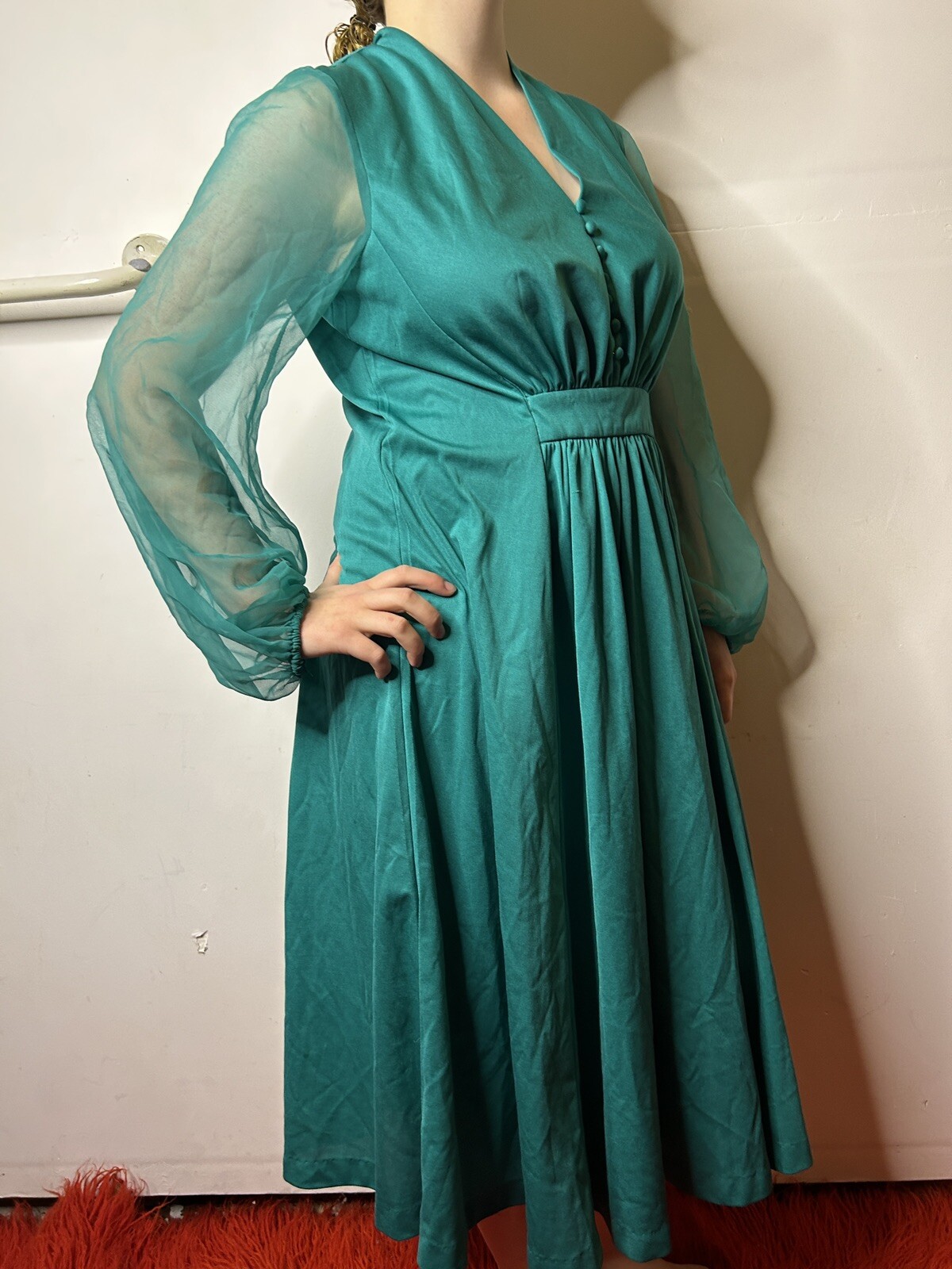 Vintage 1980s does 70s Teal Midi Caftan Dress Chiffon Sleeves Prairie Boho AU 14