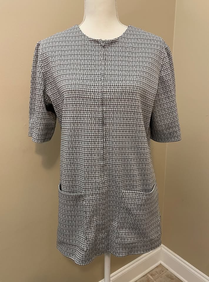 Vintage 1970s Handmade Zip-Front Tunic Top – Grey & Brown Geometric Print Size L