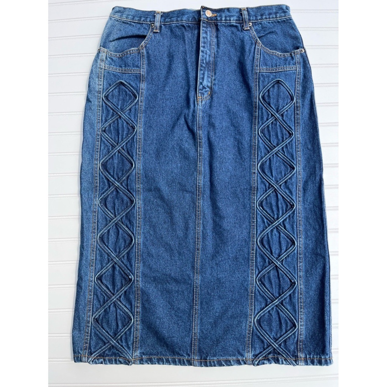 Vintage Y2K Boutique Western Denim Midi Skirt Lace Up Panel Cowgirl 19/20 (35.5)
