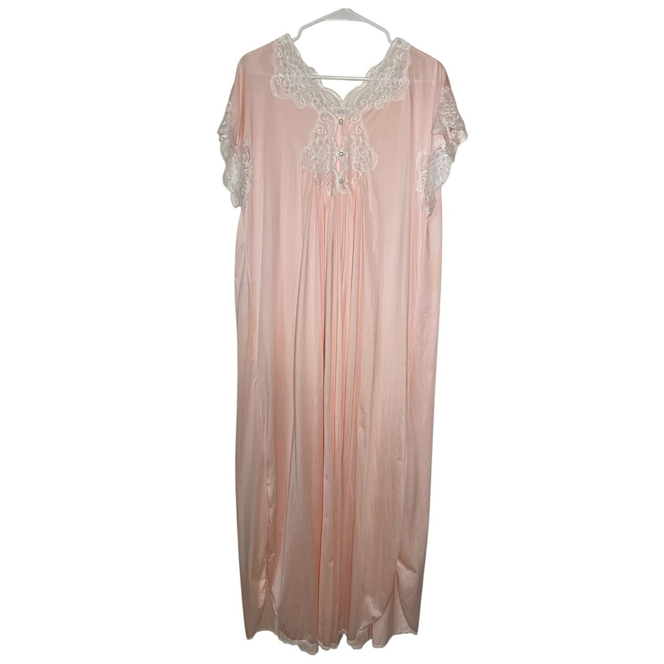 Vintage Bert Yelin for Iris Blush Pink Nylon Lace Yoke Maxi Nightgown L 16