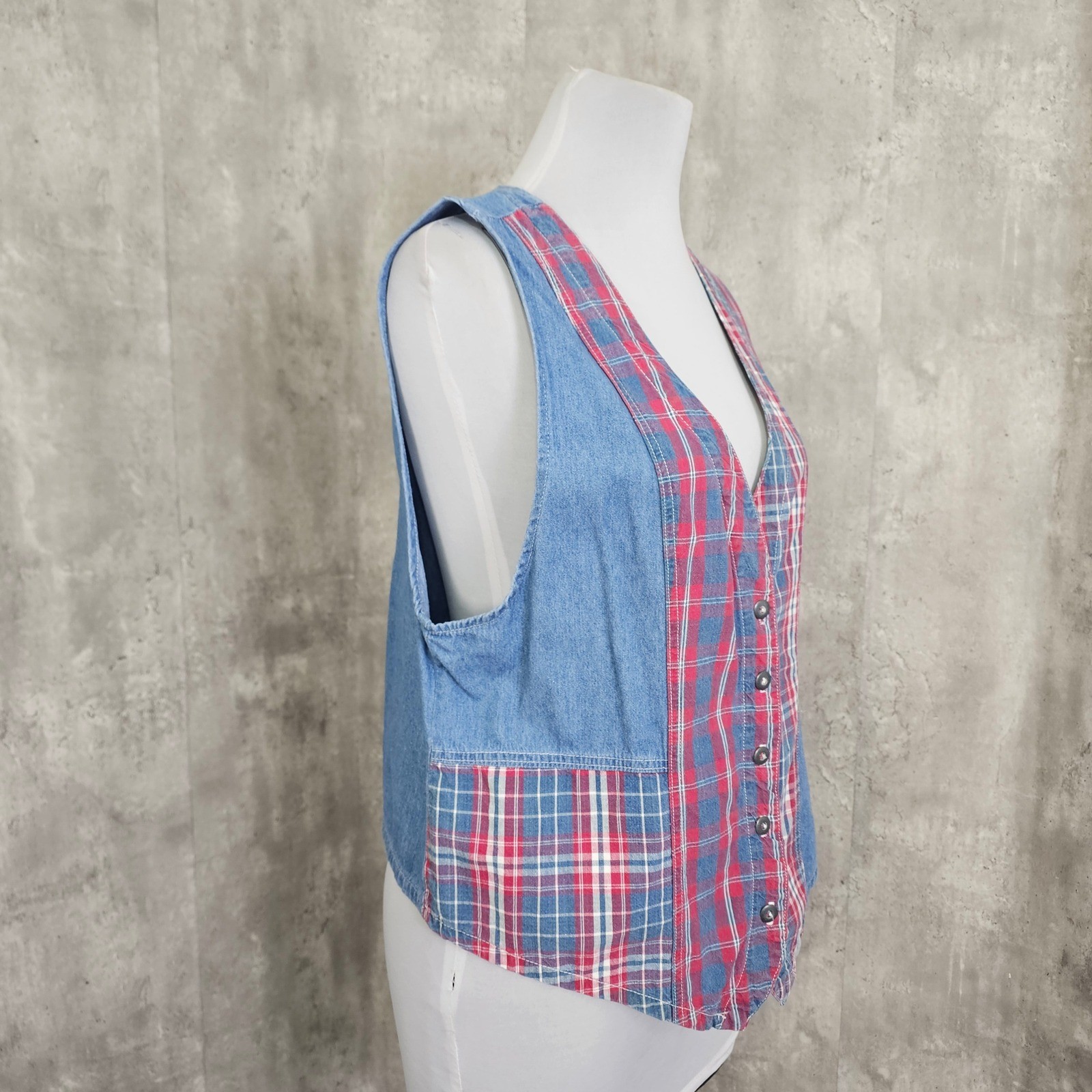 Vintage Stampede Denim Plaid Vest USA 90s Western Patchwork Button L