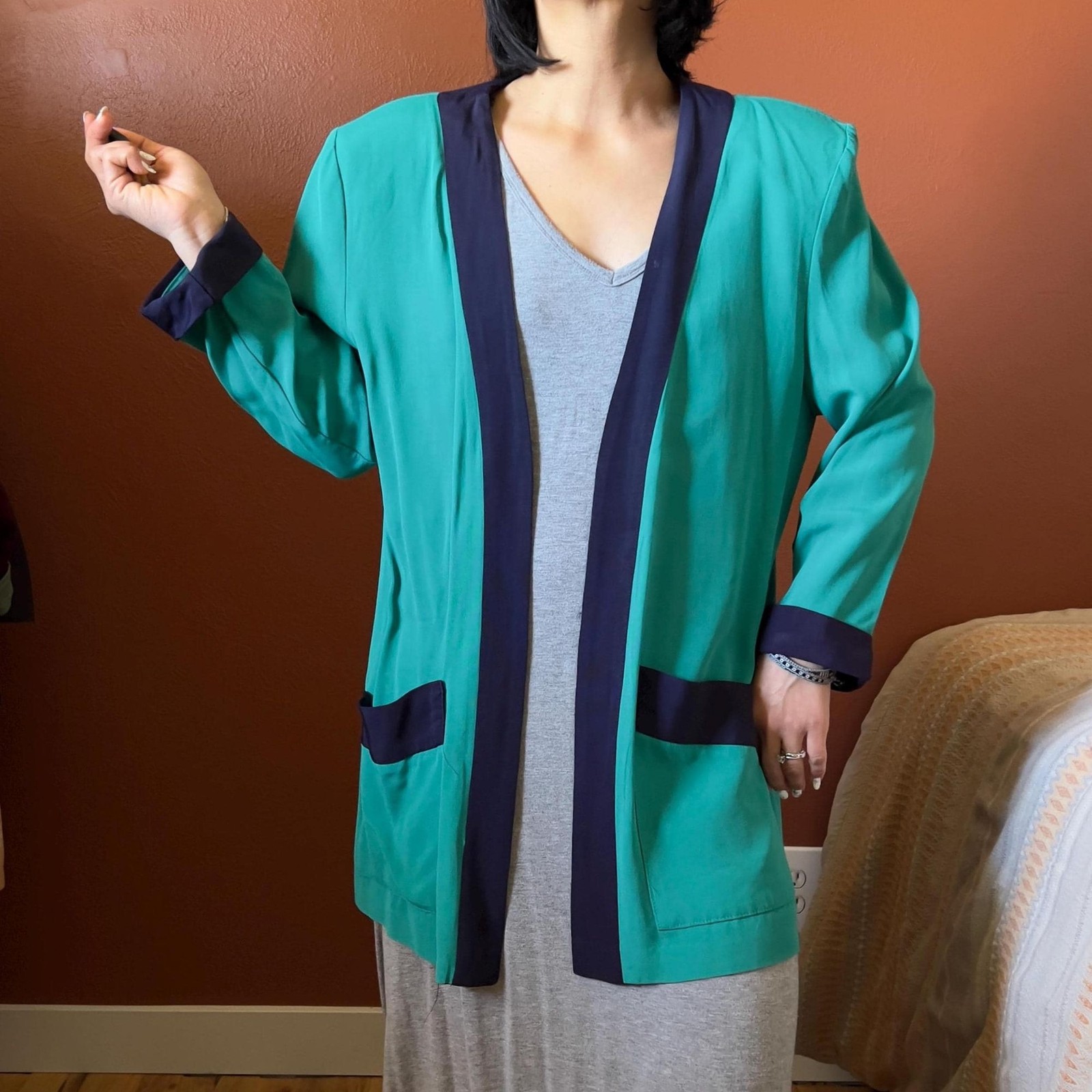 vtg 80s color blocked green open front blazer size 14 made in USA casual