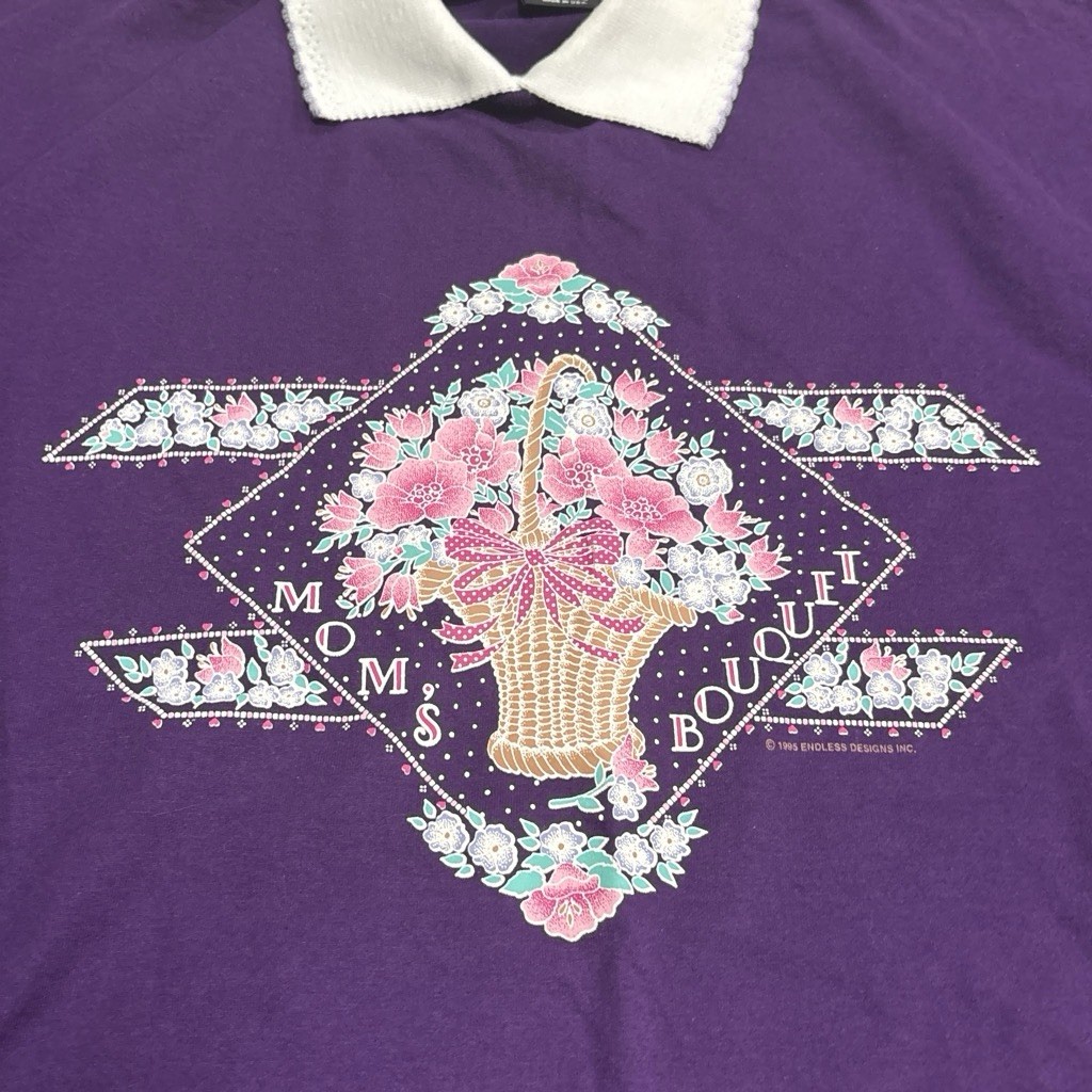 Vintage 1995 Endless Designs 'Mom’s Bouquet’ Floral Collared Purple T-Shirt XL