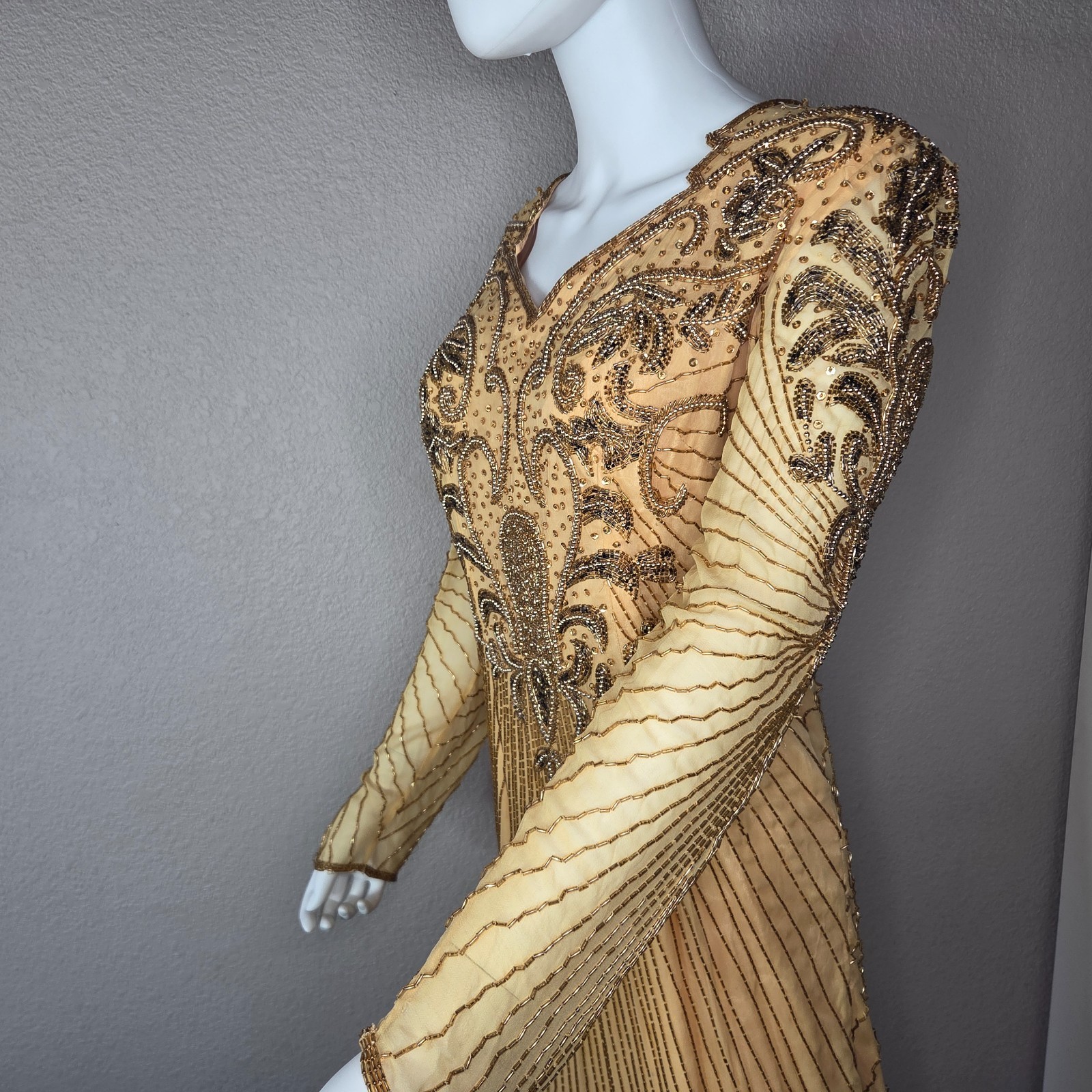 Vintage Tan-Chho 100% Pure Silk Gold Long Dress Hand Beaded & Sequins Formal N/S