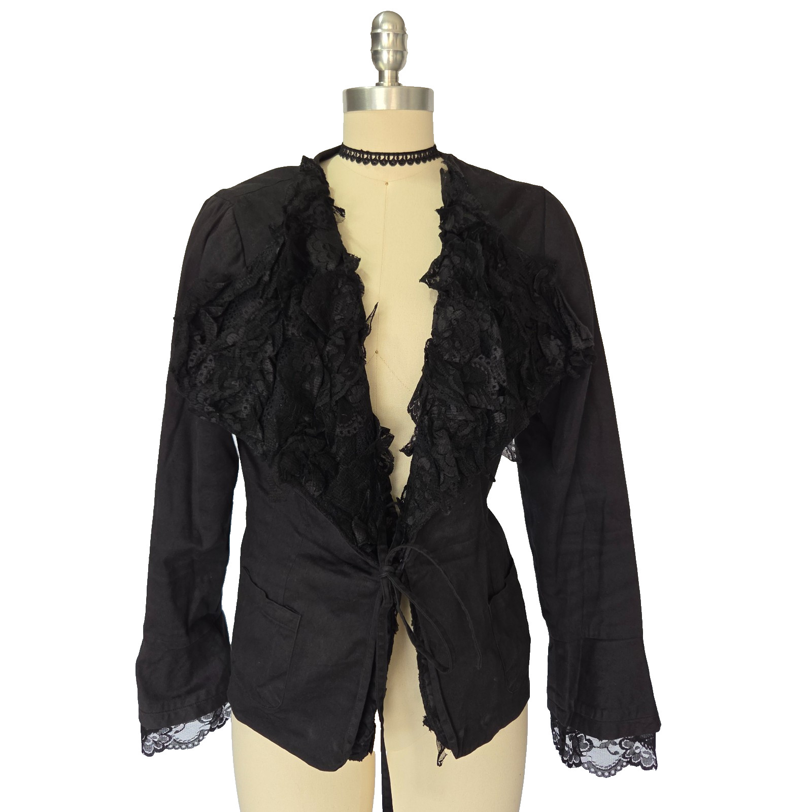 Vintage 90s Y2K Black Gothic Lace Jacket Size M Tie Front Witchy Mix Nouveau