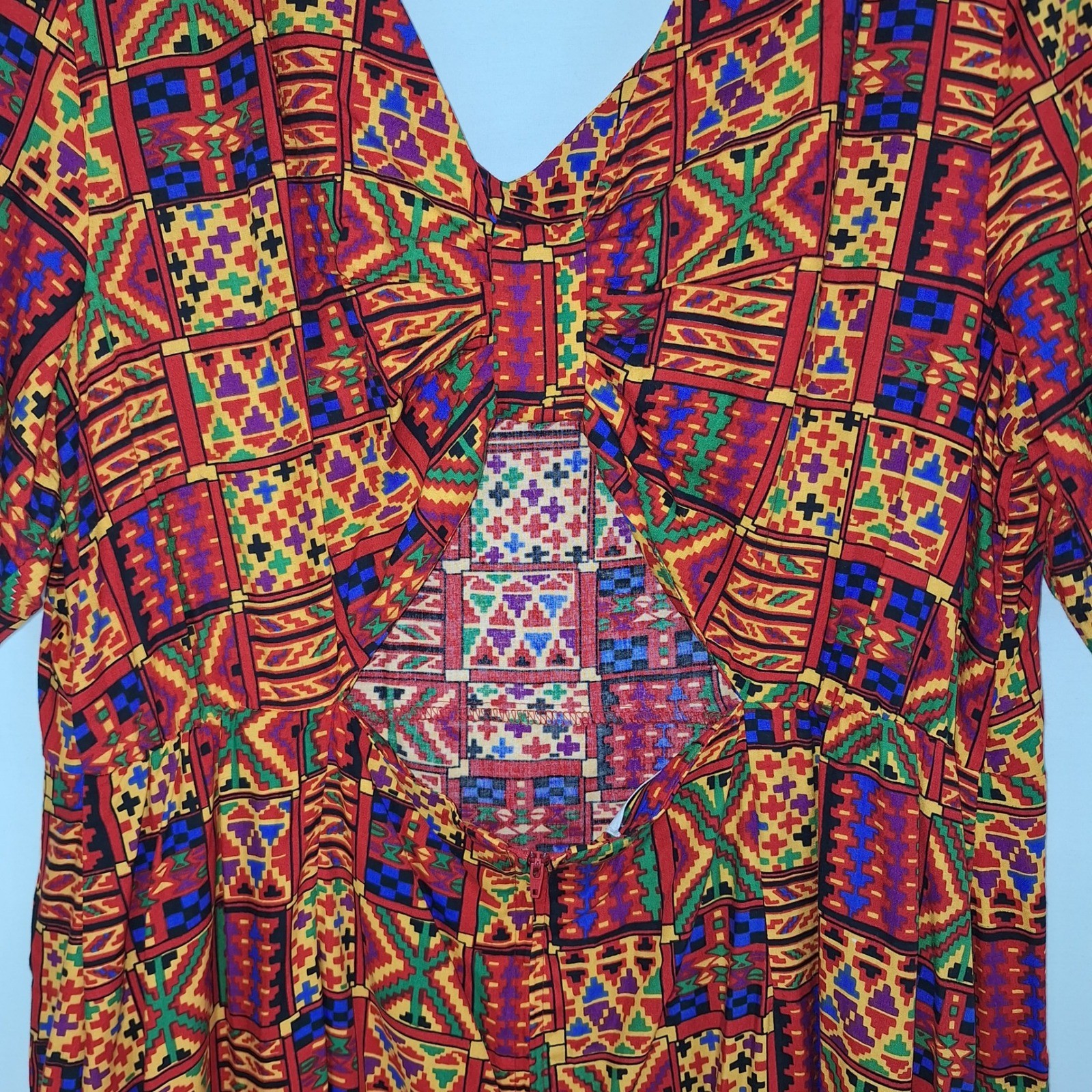 Vintage 90s Betsy Lauren Patchwork Tapestry Dress Back Bow Cutout Art Teacher 22