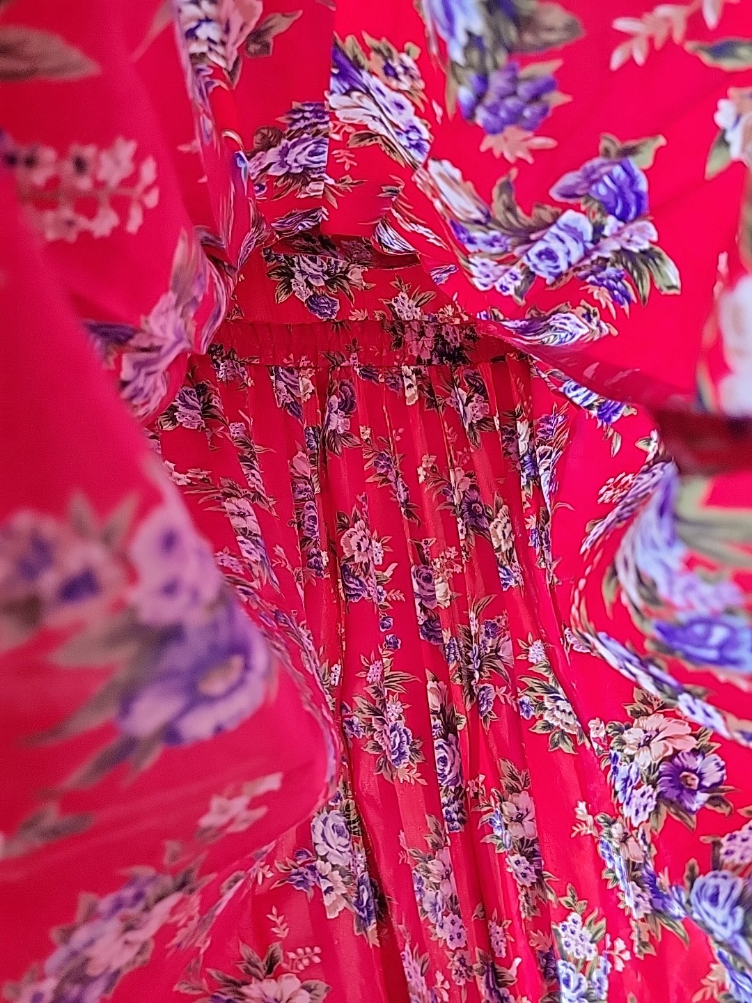 womens vintage secretary midi Collared dress S/M Red Floral Pleated Romantic USA