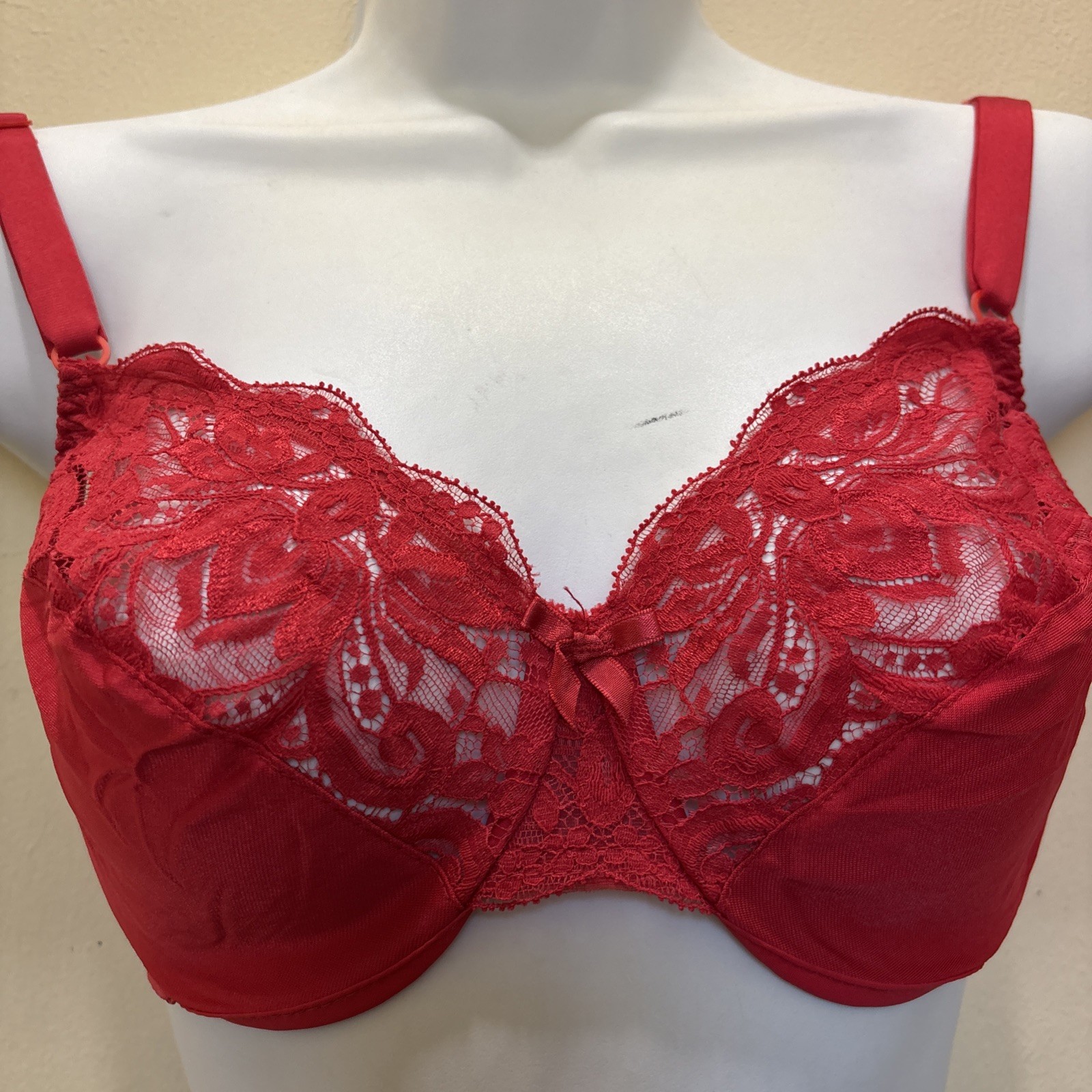 VINTAGE OLGA RED LACE SEMI SHEER UNDERWIRE BRA #2846