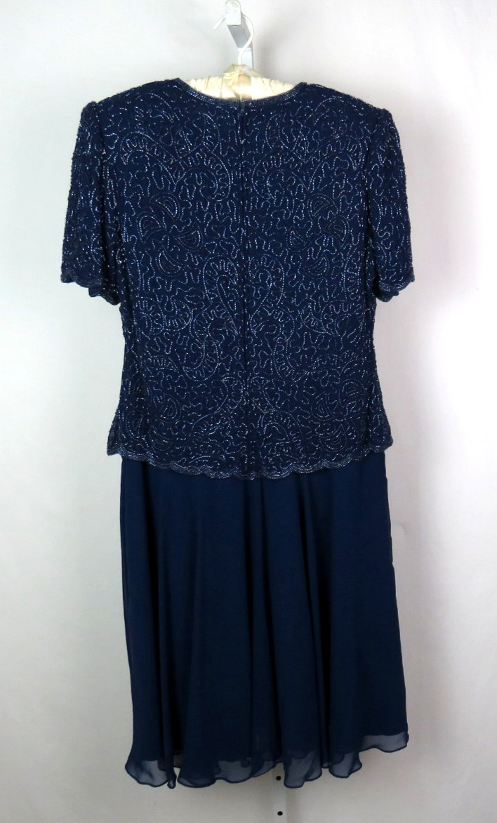 VTG 1980s BRILLIANTE BY JA BLUE BEADED DRESS SIZE PM POLY CHIFFON