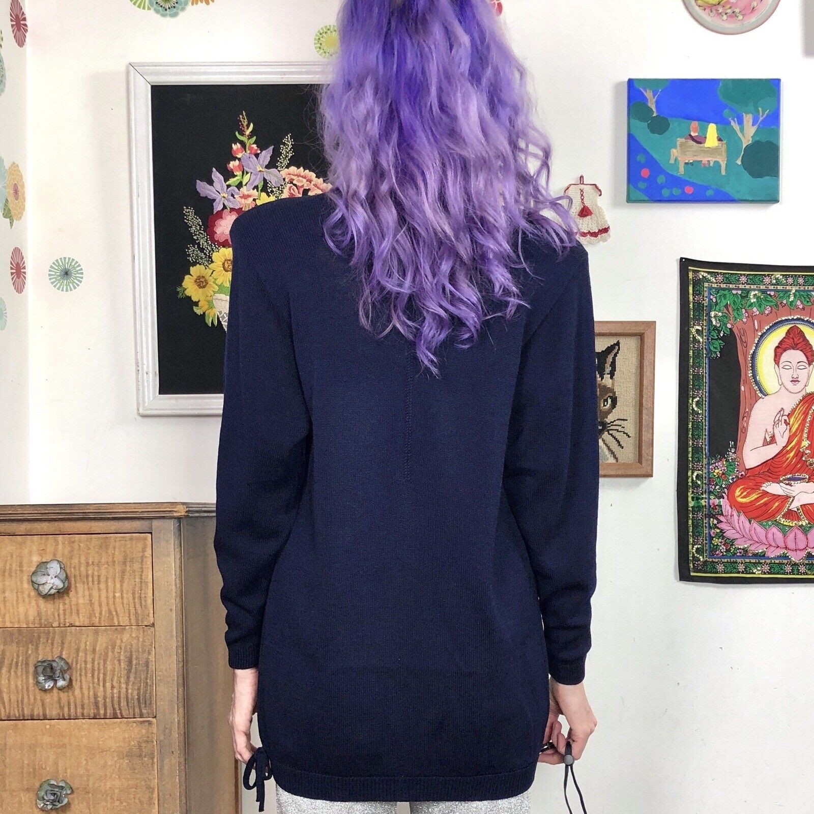 Vintage St. John Santana Knit Tunic Top, 1980s Navy Blue Sweater, Sz S