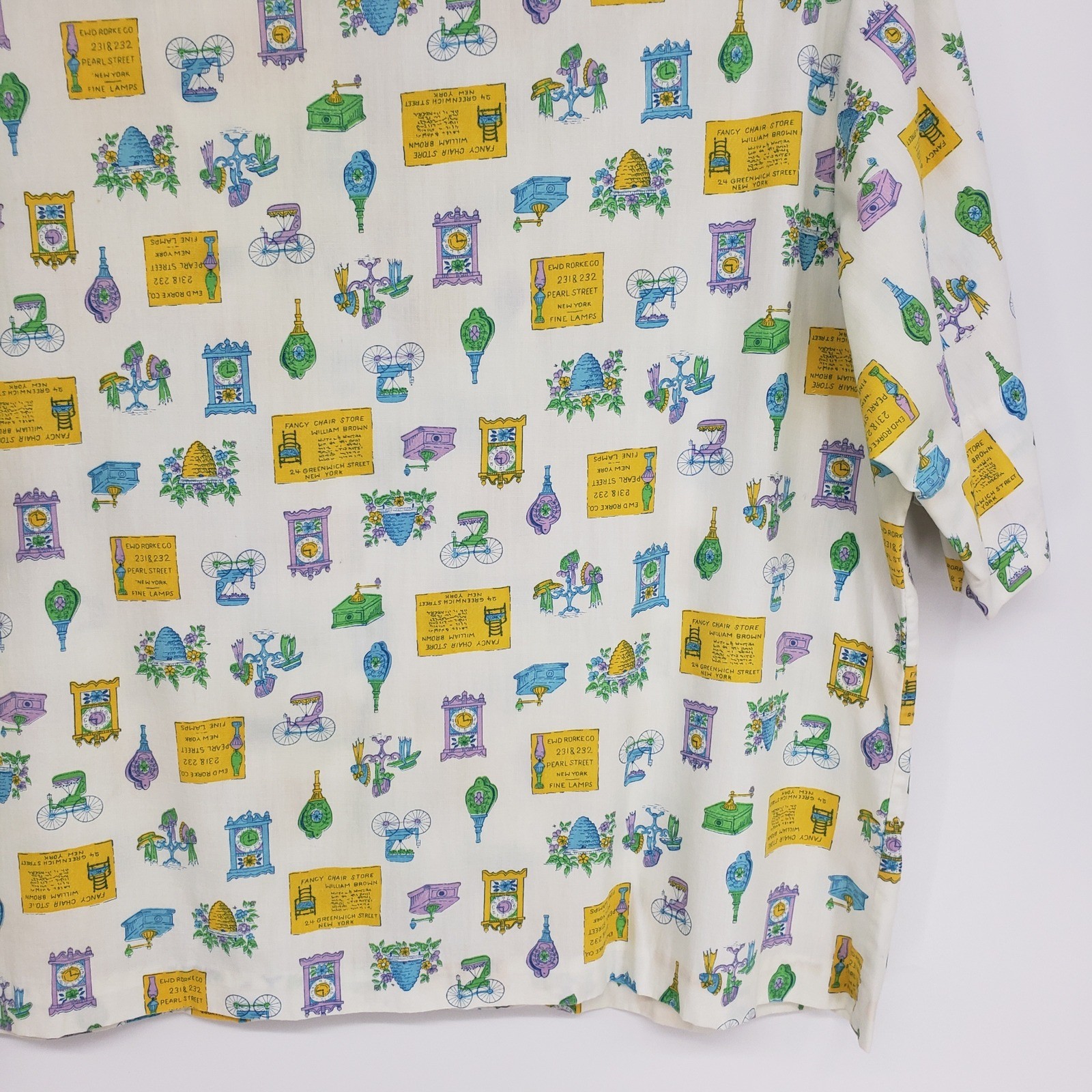 Vintage 70s Novelty Antique Print Button Up Shirt Women L 40 White Yellow Kitsch