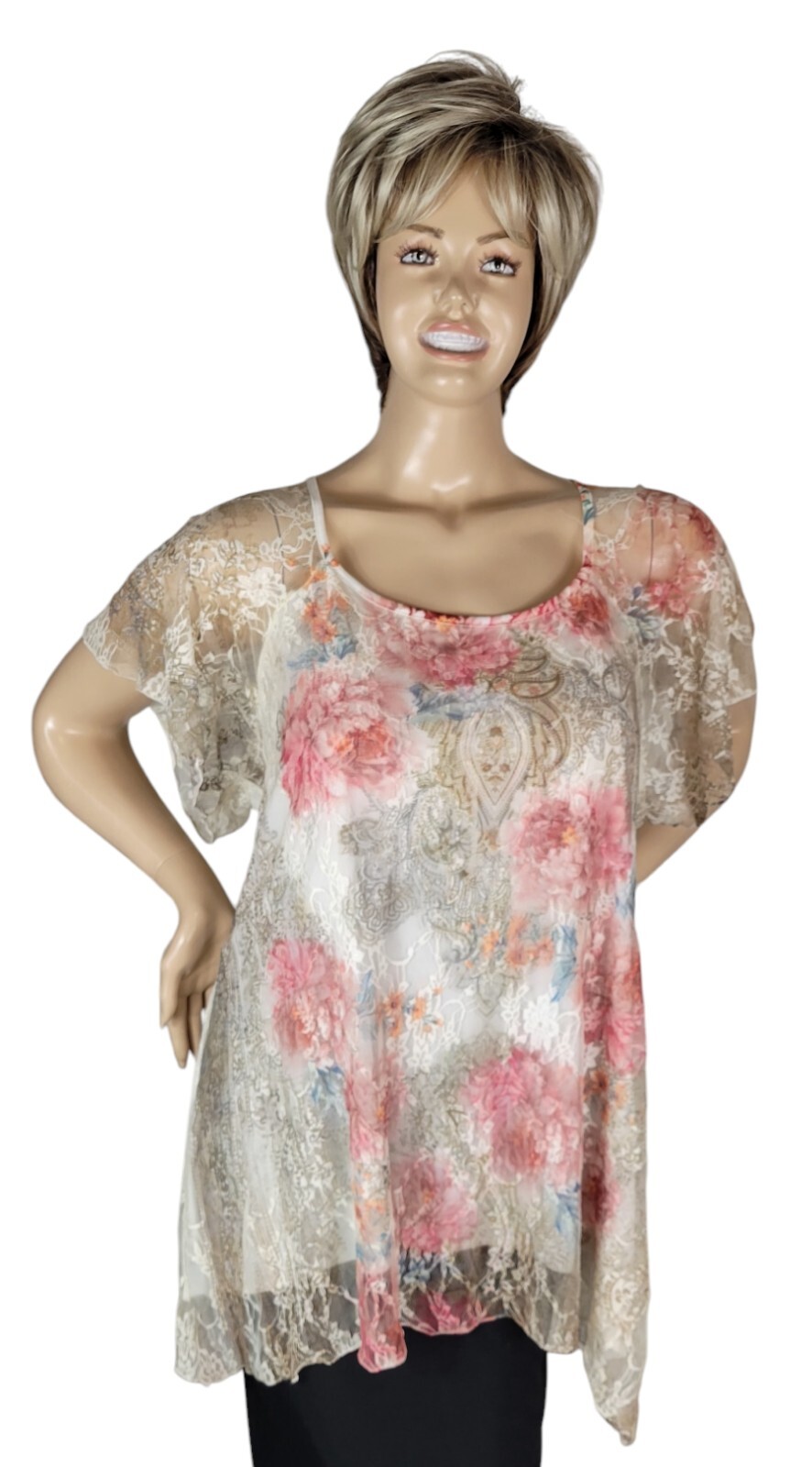 Vtg Brittany Black Floral Lace Victorian Asymmetrical Semi Sheer Blouse Top 1X