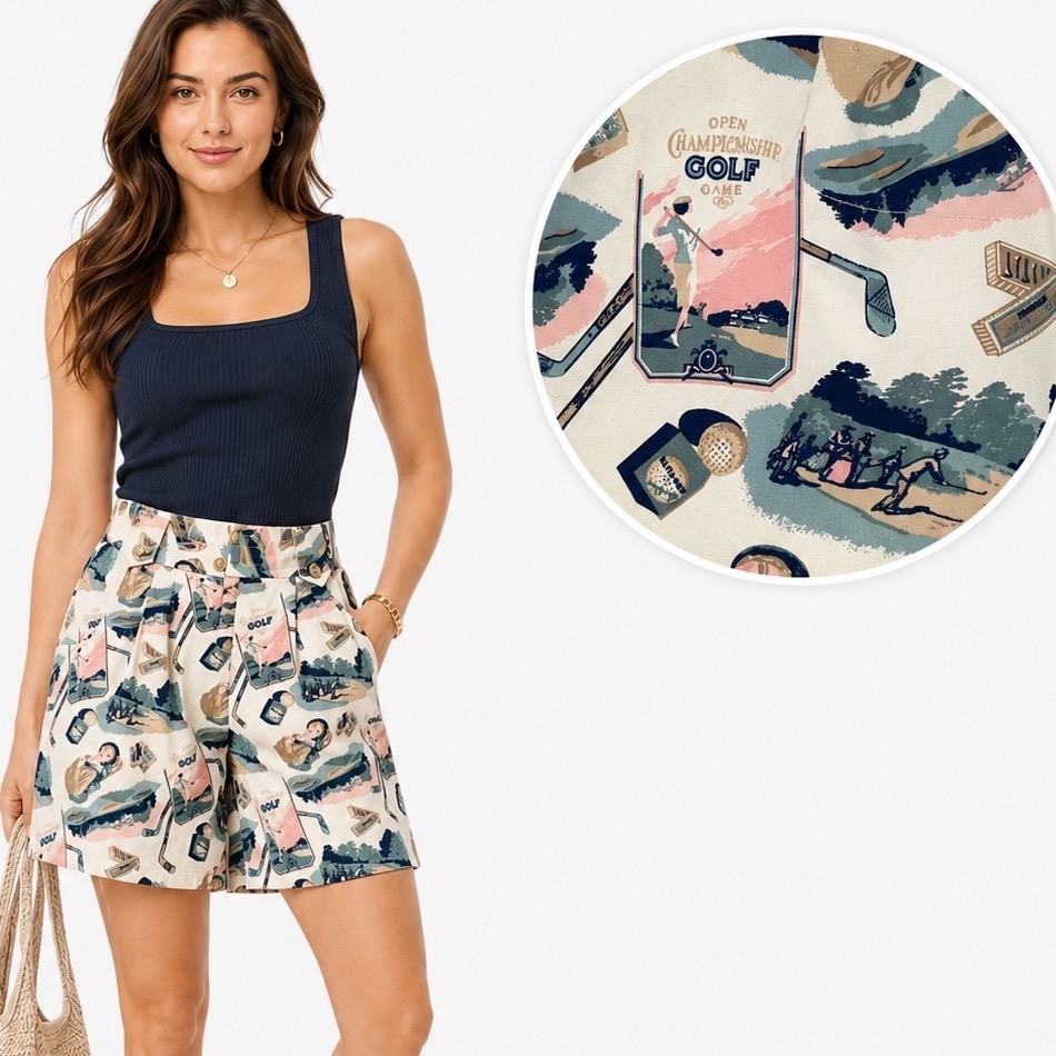 Vintage Line-Up For Sport Golf Novelty Print Shorts Cotton High Waist Womens M