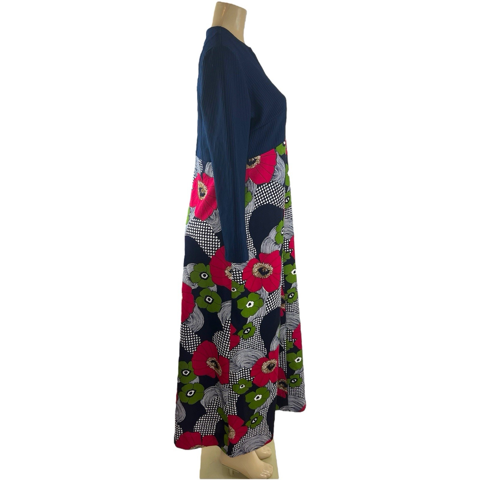 1960s Maxi Dress Vintage Floral Navy Blue Pink Green Hippie Groovy GoGo Eclectic