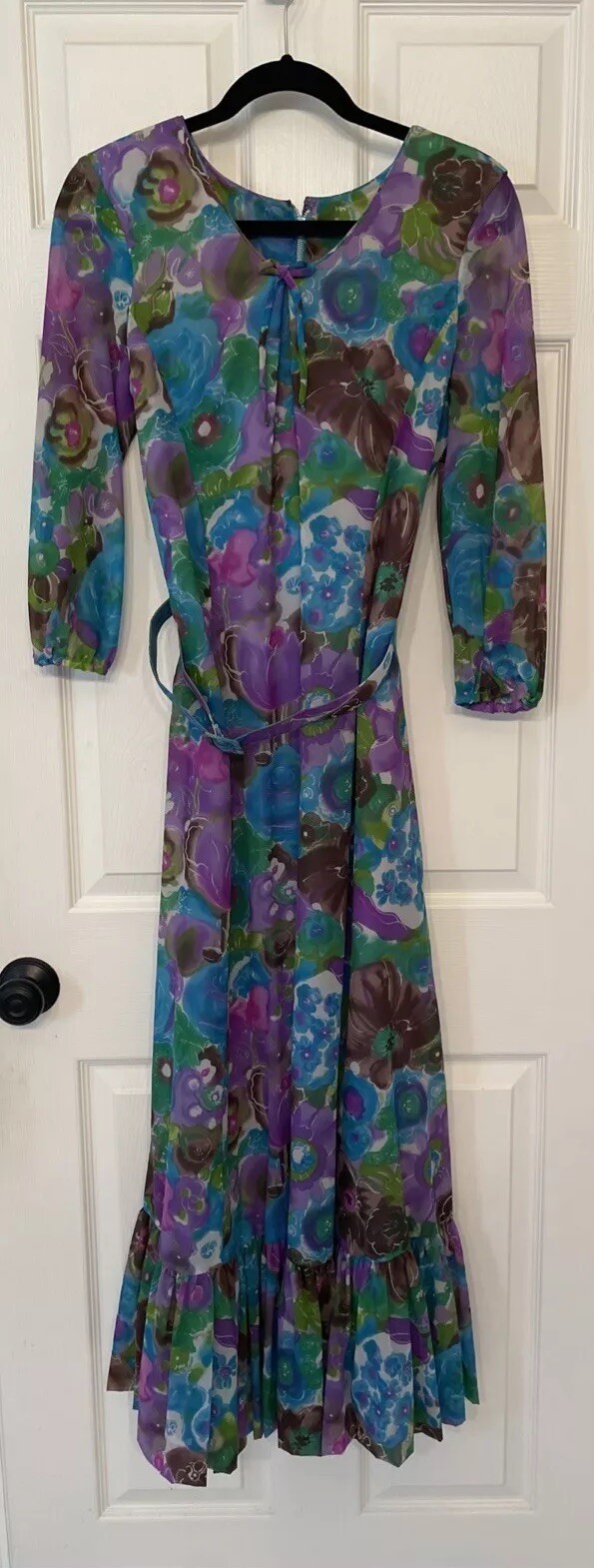 Vintage Floral Gown Blue Green Watercolor Chiffon Dress 60s 70s Size: XS S