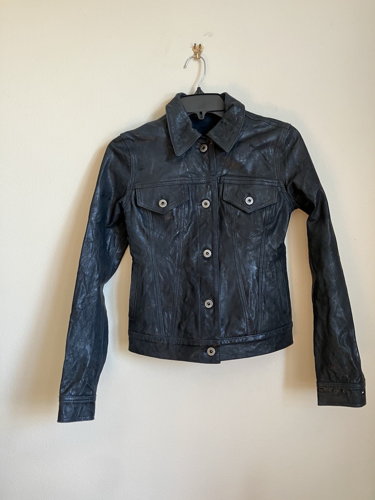 Womens Slim fit Vintage Deep Navy Blue Leather Button-Front Jacket XS