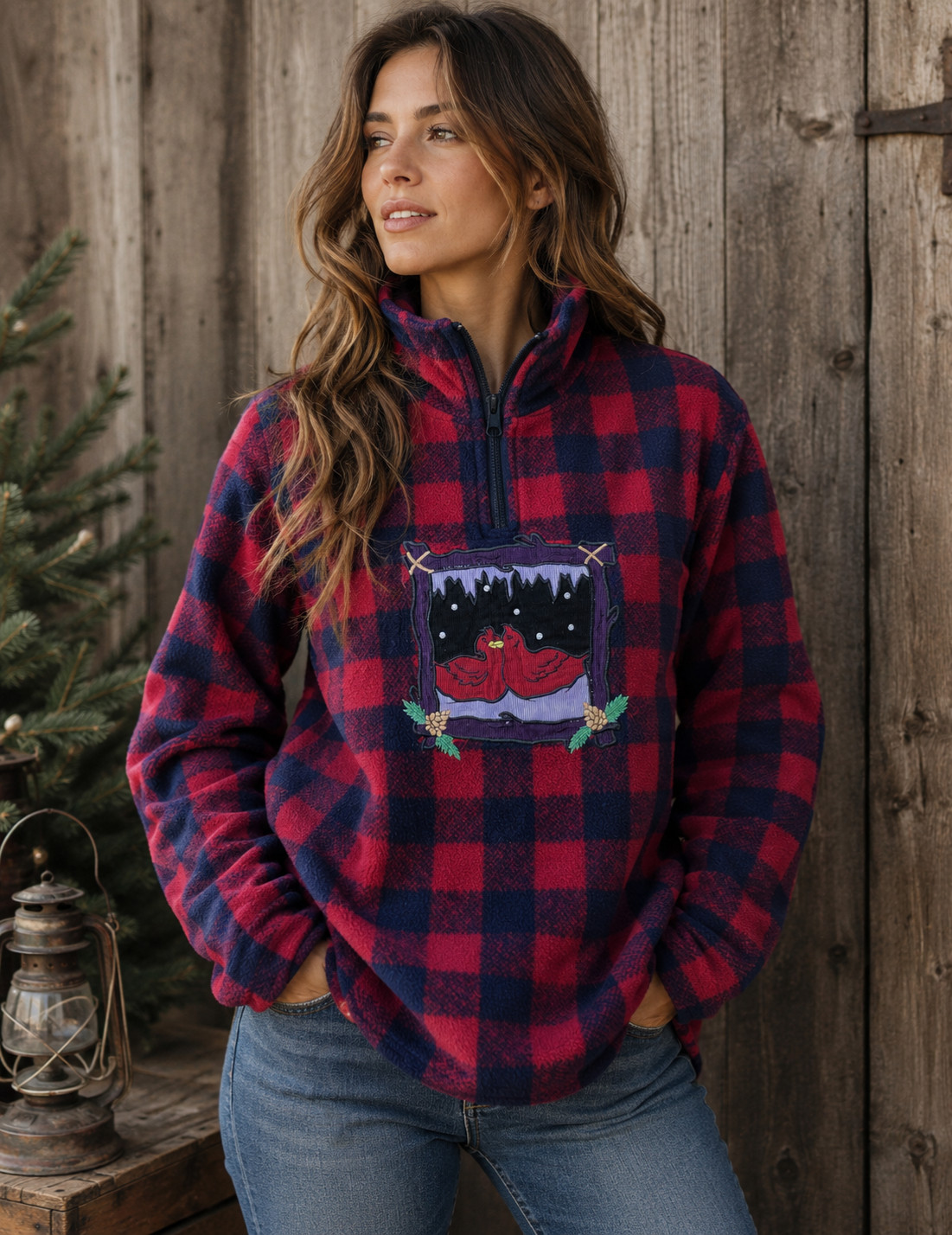 Quacker Factory Buffalo Plaid Fleece Quarter Zip Pullover Bird Embroidered M VTG