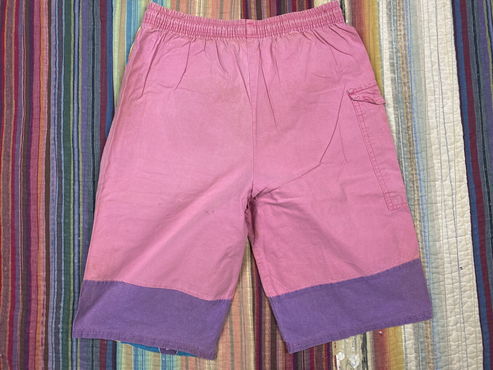 Vintage 80s DOVE Pink Beach Shorts Gym Swim Drawstring Palm Tree ColorBlock Sz M