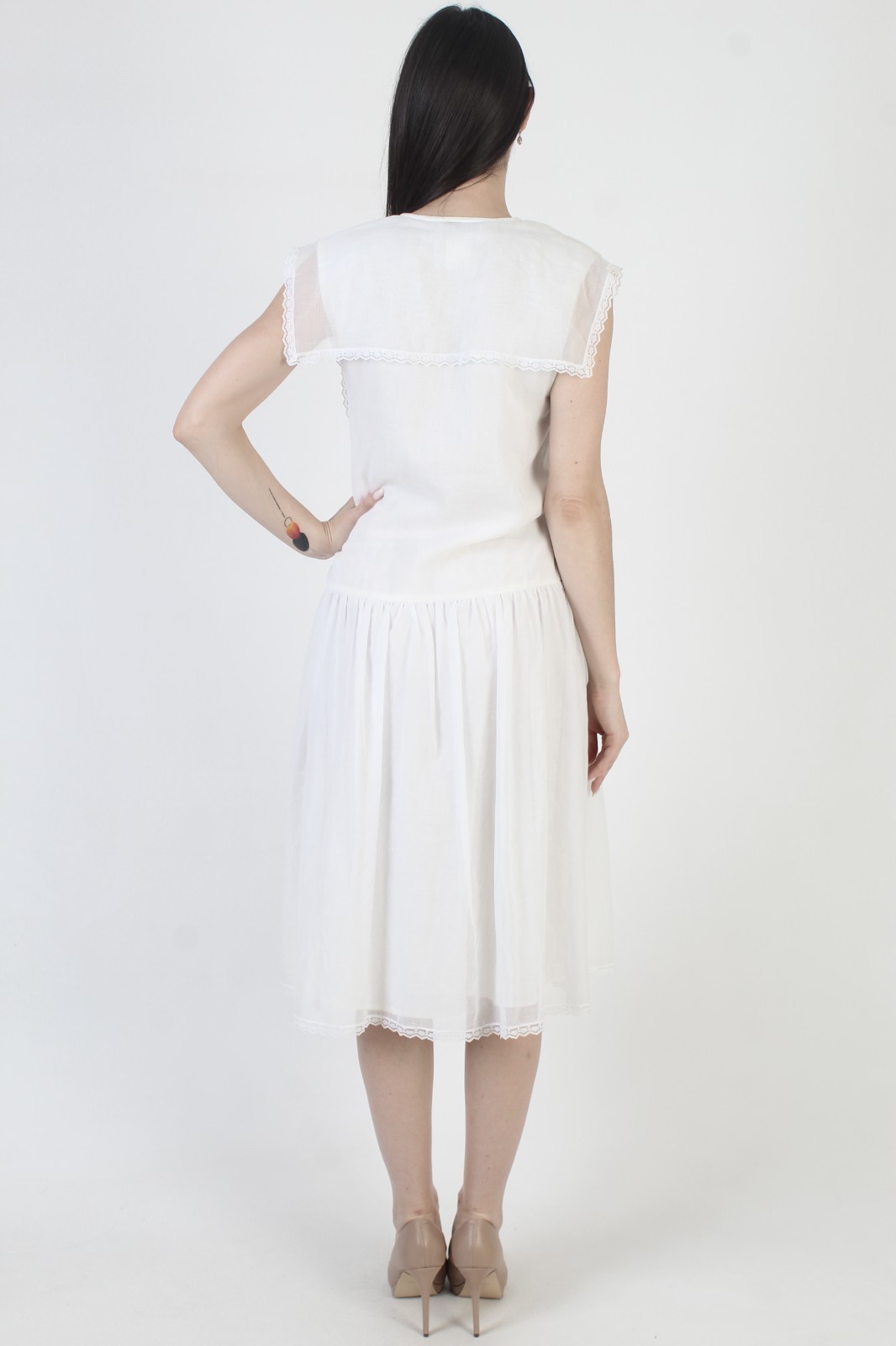 Vtg 80s Gunne Sax Dress Wht Jessica McClintock Deco Flapper Drop Waist Boho Gown