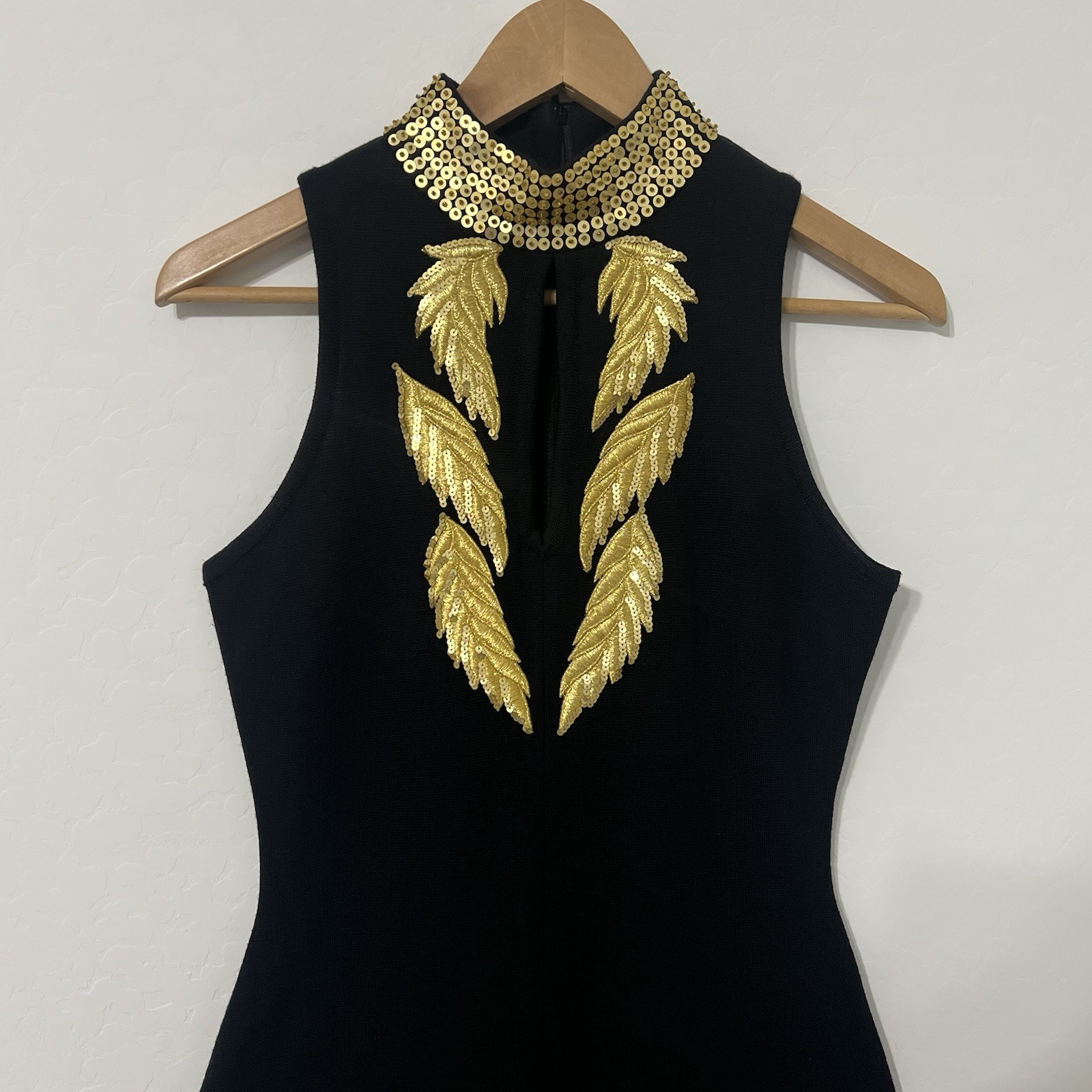 Vintage 80’s Casual Corner Gold Sequin Leaf Dress | Grecian Choker Wiggle Midi