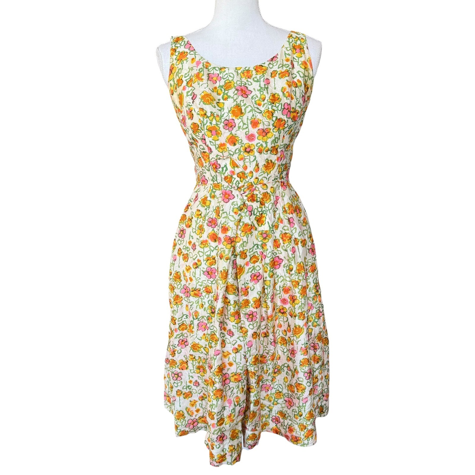 Vintage 50s Floral Fit and Flare Dress Orange Pink Yellow Full Skirt Small