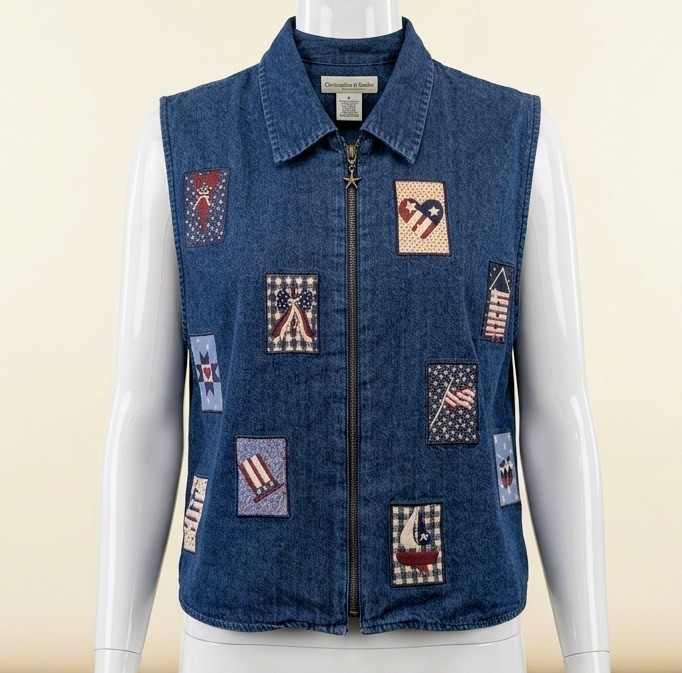 VTG 90s Christopher & Banks Denim Vest Sz XL Patriotic USA Flag Patch Cottage