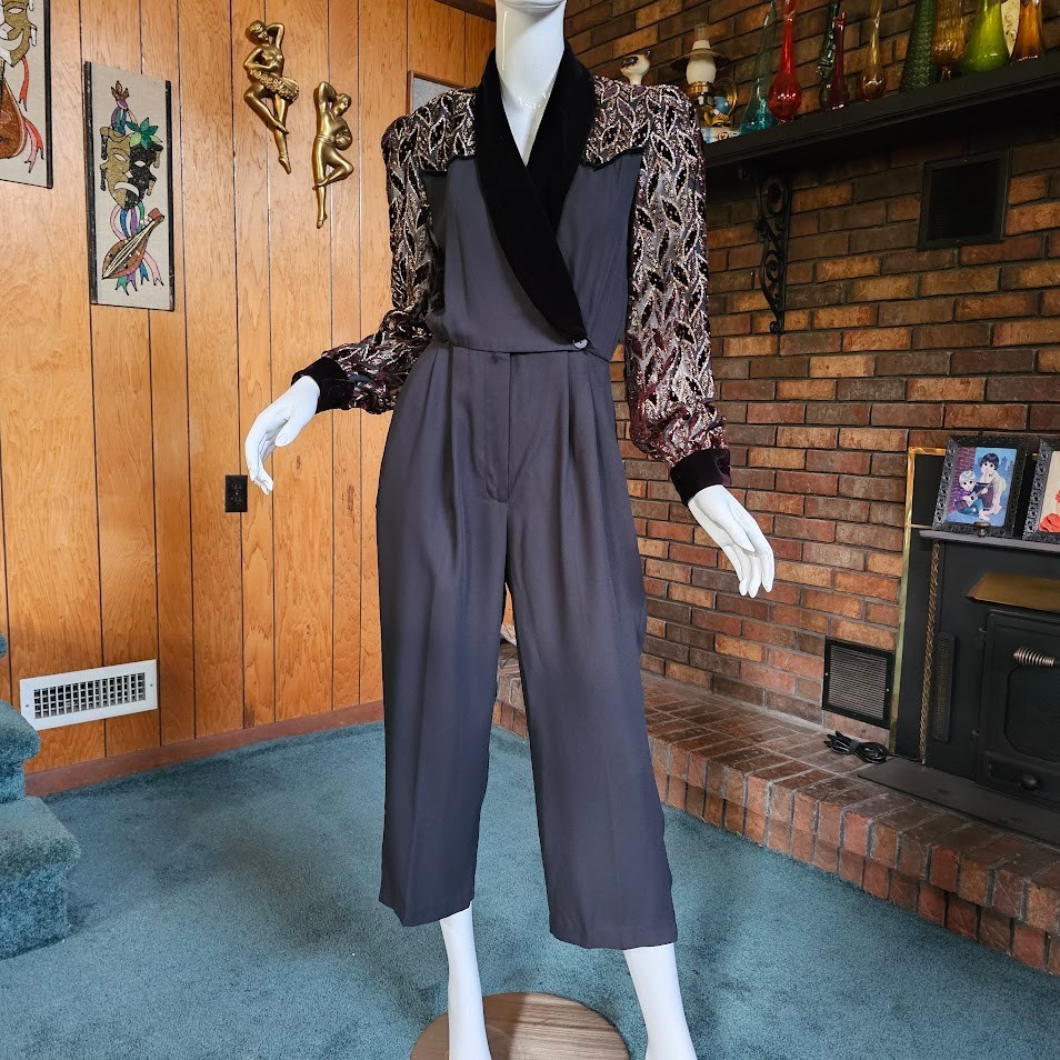 Vtg 80s New Wave Tuxedo Flocked Velvet Evening Cocktail Dress Cropped Jumpsuit S