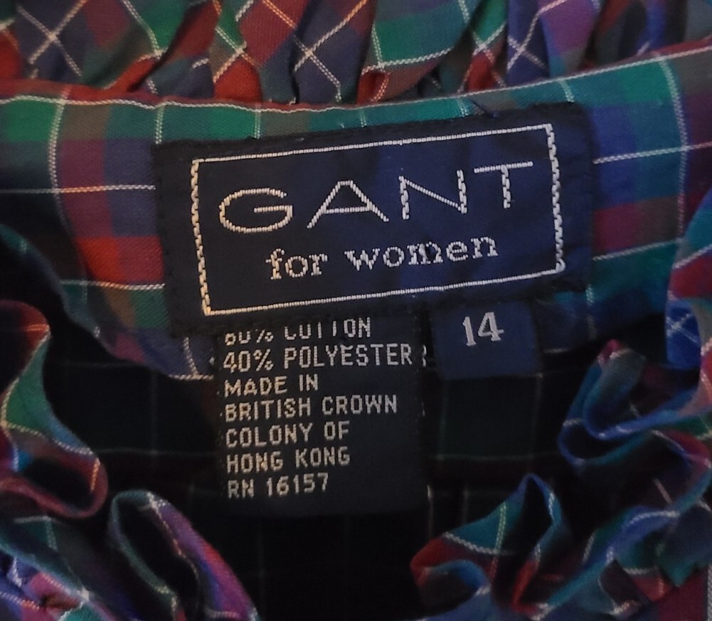 Vtg Purple Red Green Plaid Button Up Blouse/Shirt Ruffle Collar Sz 14 Prairie
