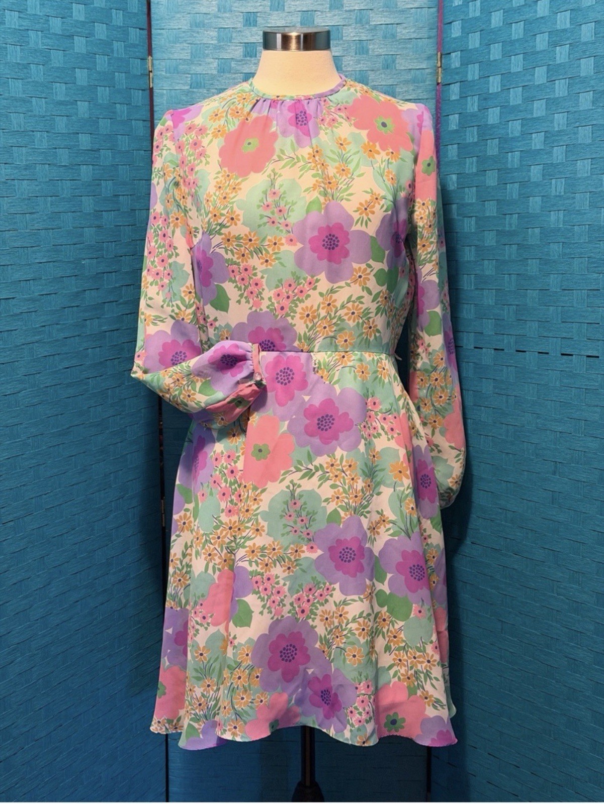 Vintage St. Michael 60s 70s Mod Flower Dress Long Sleeve Pastel Multi