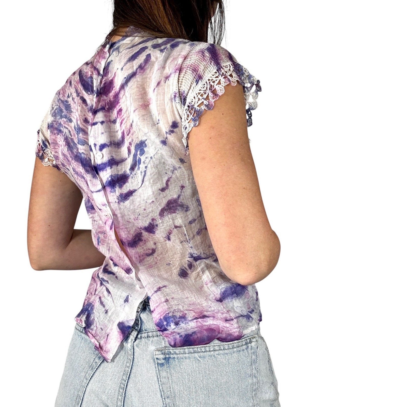Antique 1940s Hand Dyed Shibori Silk Cotton Blouse Lace Micropleated Purple Blue