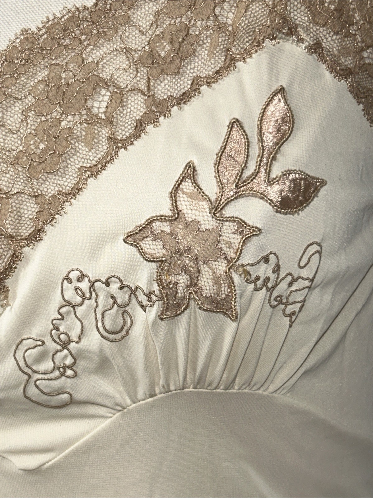 Vintage Top Form Slip Dress Nightie Cream Tan Lace Sz 34 Embroidered S3