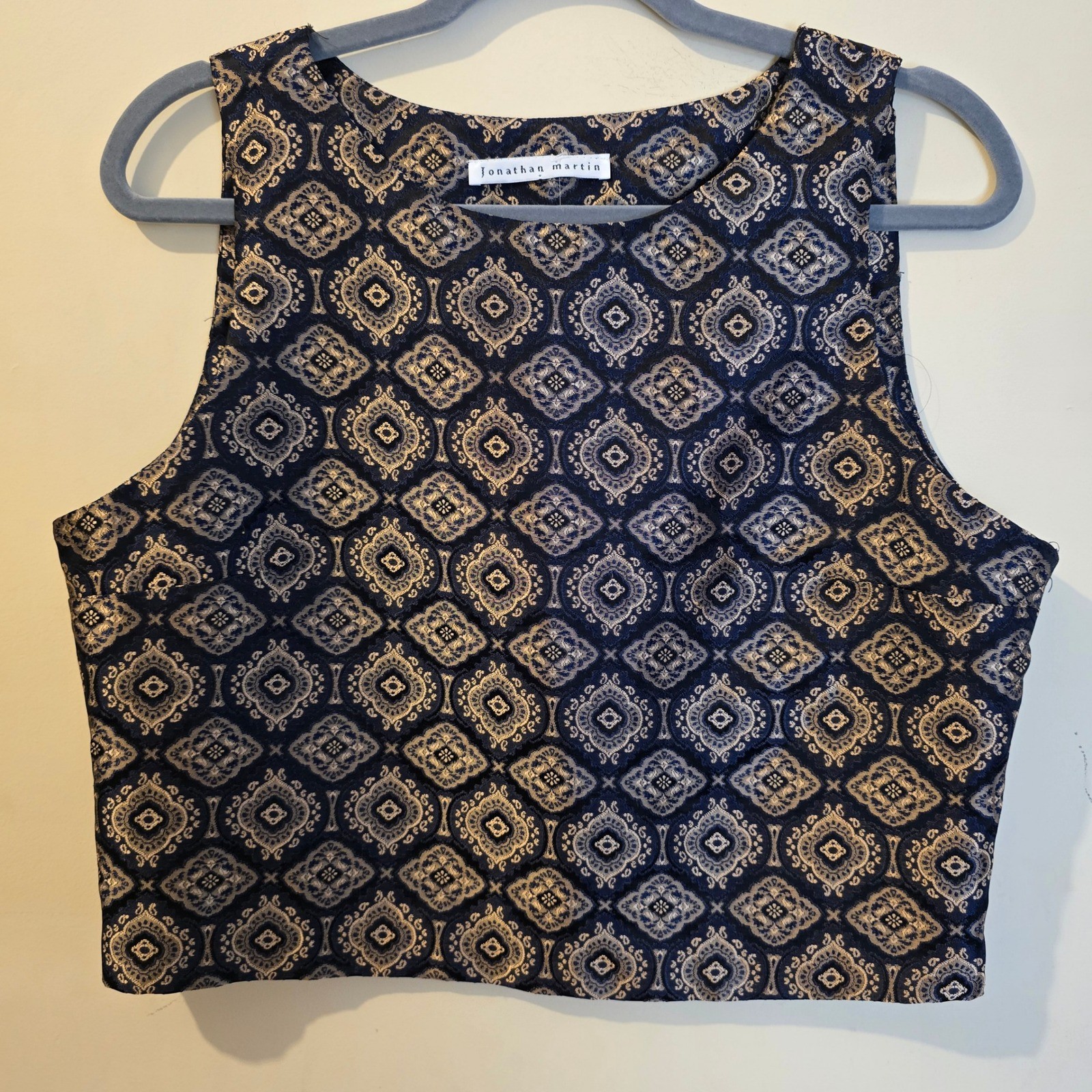 Jonathan Martin Vintage Brocade 2 Piece Set Crop Top Mini Skirt Navy Gold Sz 13