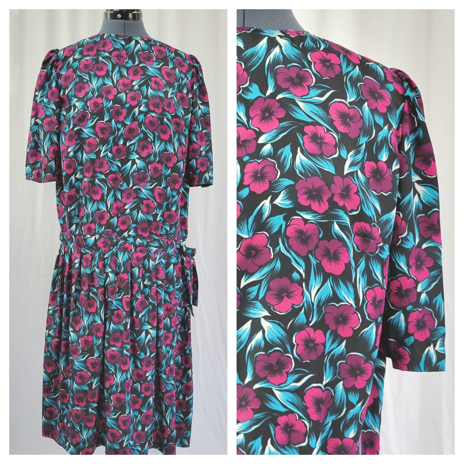 Vintage S/S Drop Waist Dress in Black w Purple & Blue Flowers Size M/L?