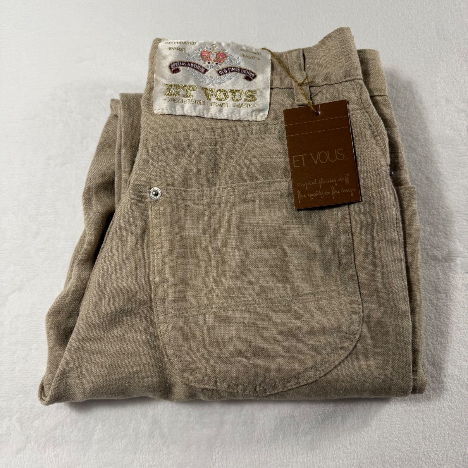 Vtg Et Vous 100% Linen Trousers Women 26×29 Tan Old Money Straight Leg Pants New