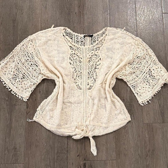 Vintage 2000s boho Y2K cream knit crochet blouse floral designs, size L