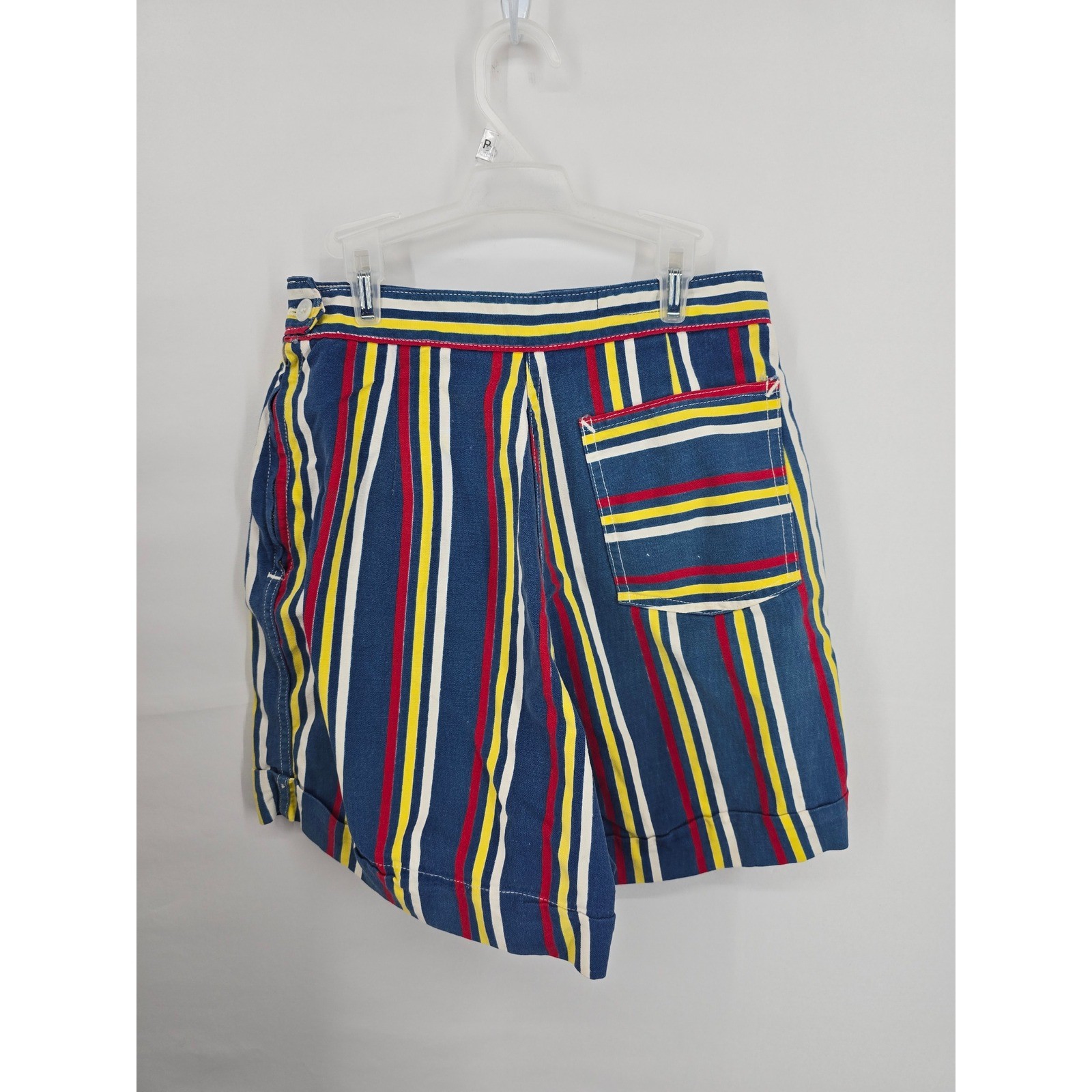 Vintage High Waisted Striped Shorts Blue Red Yellow White Retro Cuffed Canvas S