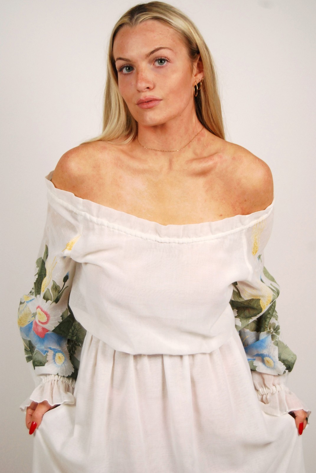 70s Off Shoulder Dress (M) medium white floral vintage boho hippy bell sleeve