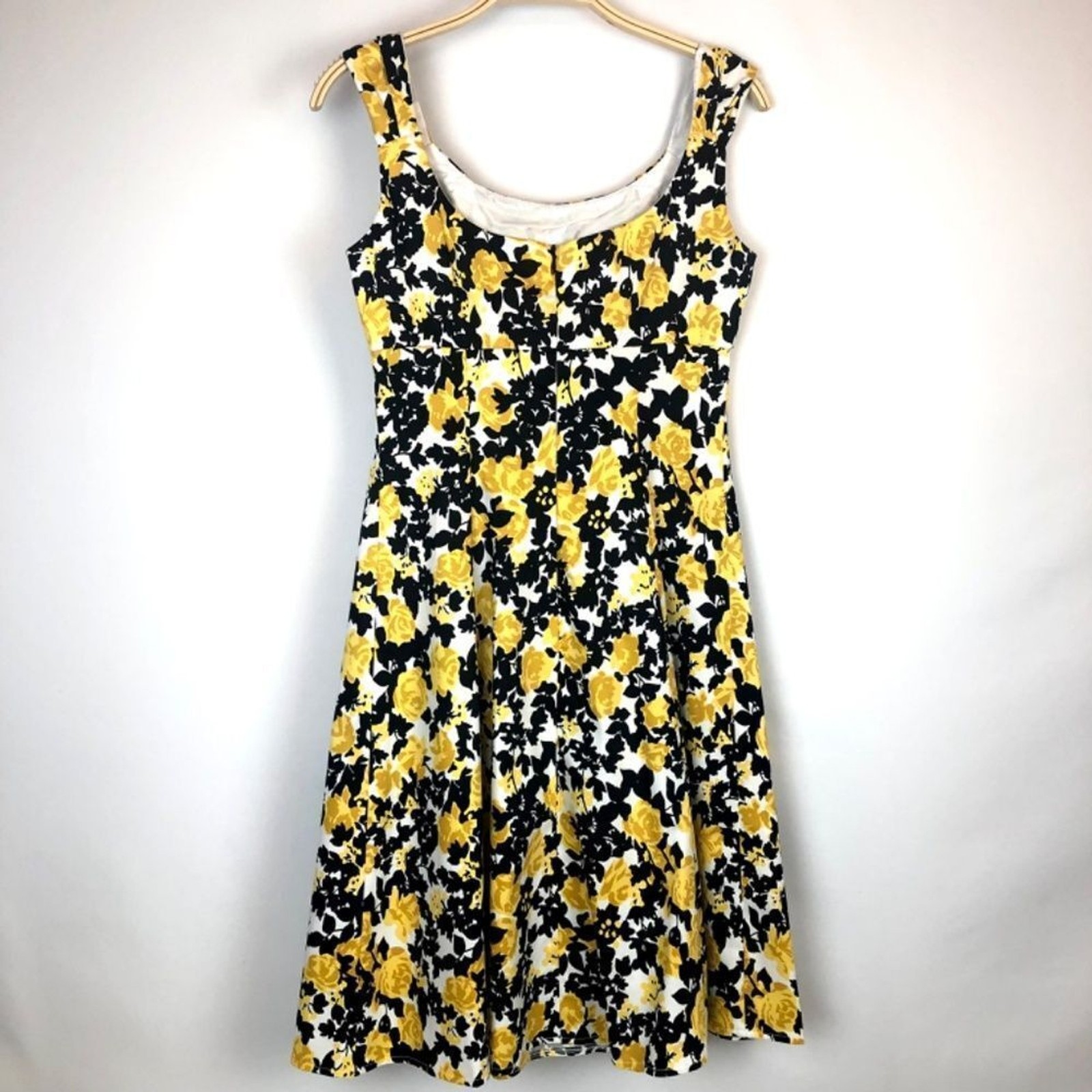 Vintage London Times Floral Fit & Flare Lined Dress Size 4 Black/White/Yellow