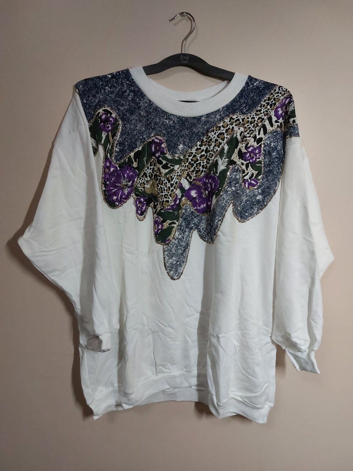 Vintage Tee Dee’s Women’s White Sweatshirt w/ Leopard Glitter Flower Design XXXL
