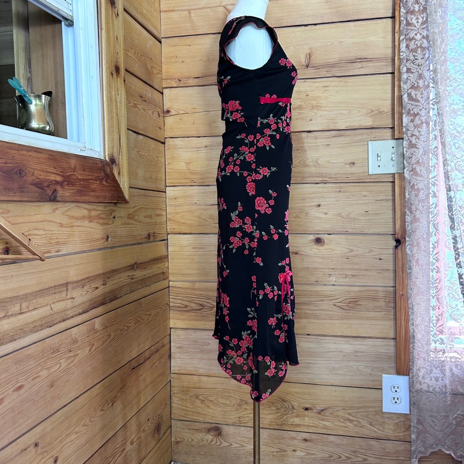 Vintage Asian Dress Women Small Black Pink Floral Y2K Goth Glam Party Ruby Rox