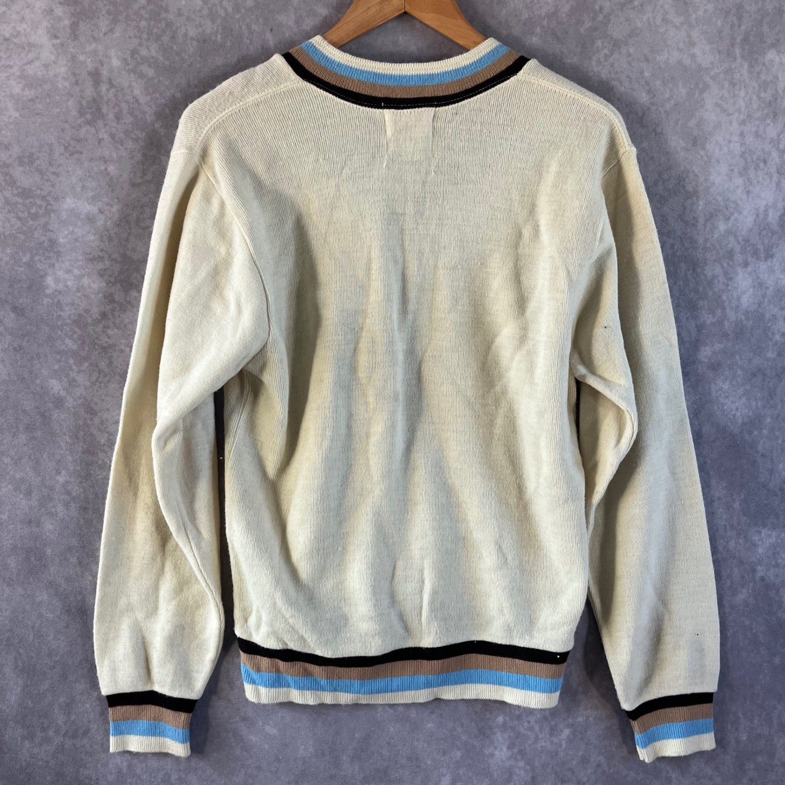 Cascade of California Sweater Women M Cream Blue Striped V-Neck 60s Vintage