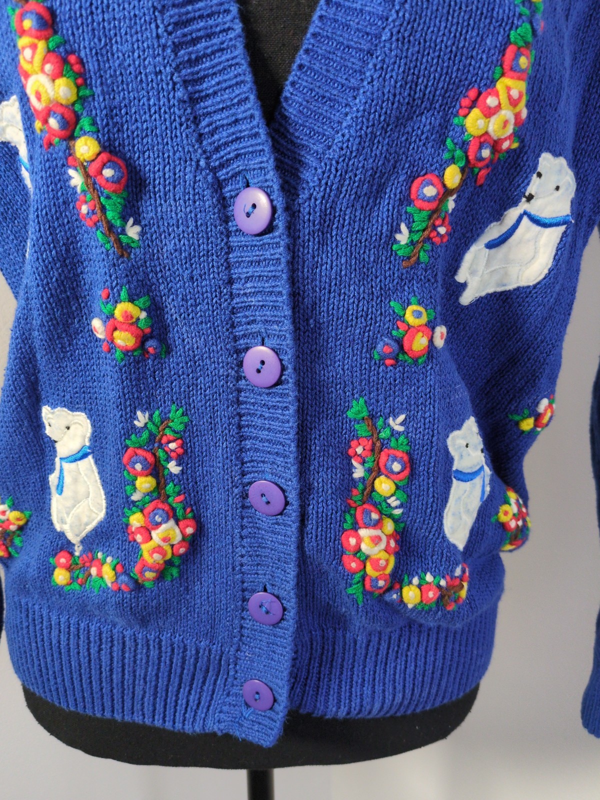 Vintage Margules Knit Cardigan Blue With Floral Embroidery, White Bears Women M